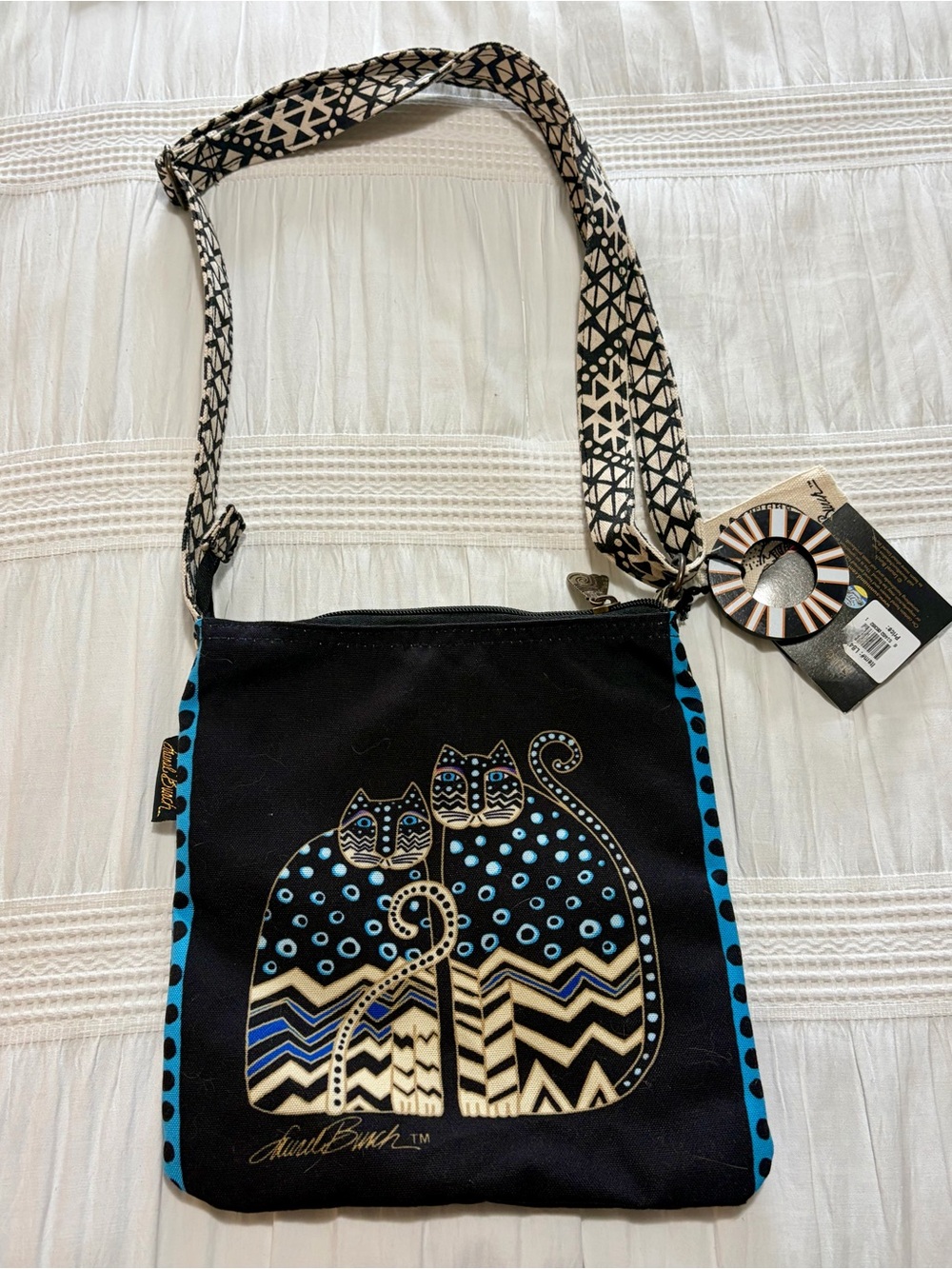 Laurel Burch Beaded Multicolor Black Canvas Cat Print Crossbody Bag - Picture 2 of 9